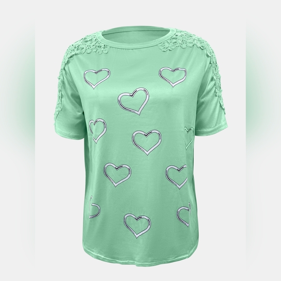Full Size Lace Detail Heart Round Neck Short Sleeve Top - Picture 3 of 5